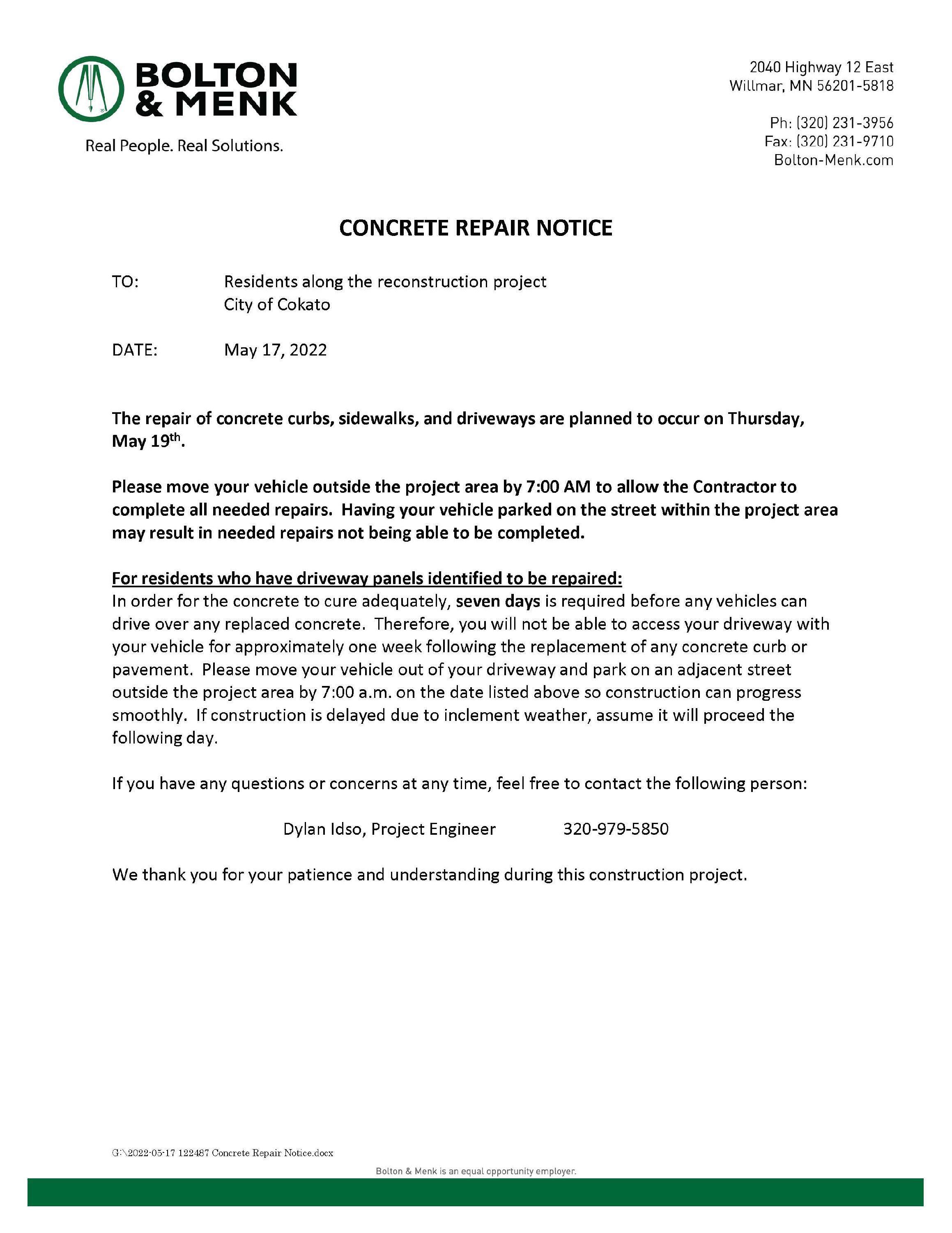 2022-05-17 122487 Concrete Repair Notice